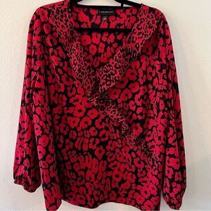 Lane Bryant Top Plus Size Red & Black Animal Print Ruffle V-Neck Size 18